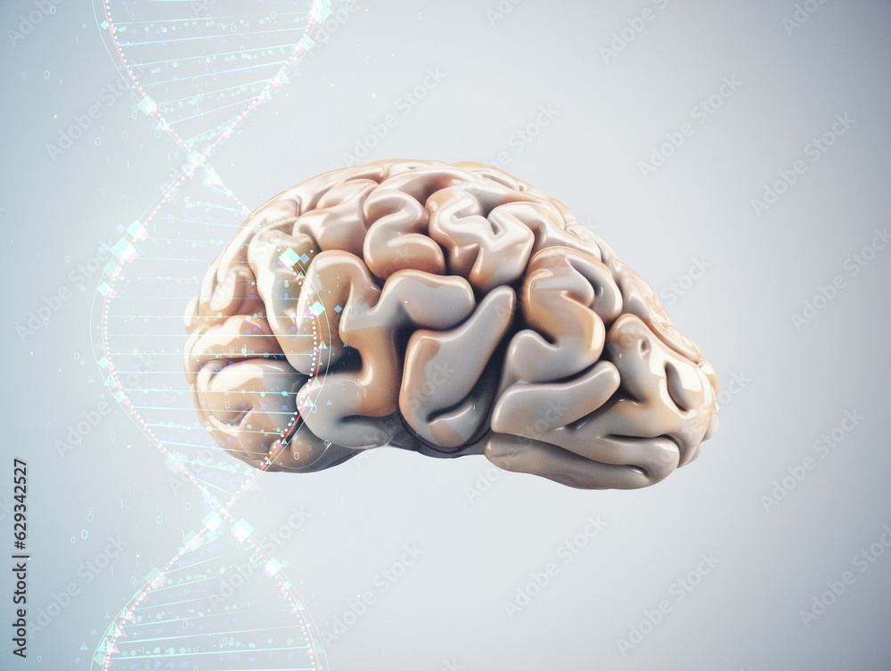 Poster bioengineering and science concept with human brain and dna symbols on light grey background. genera