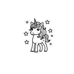 Cute cartoon unicorn. Black and white vector illustration