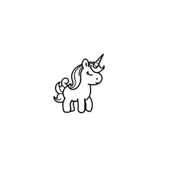 Cute cartoon unicorn. Black and white vector illustration