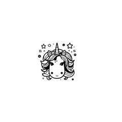 Cute cartoon unicorn. Black and white vector illustration