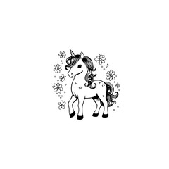 Cute cartoon unicorn. Black and white vector illustration