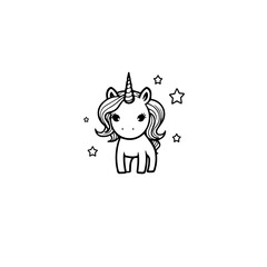 Cute cartoon unicorn. Black and white vector illustration