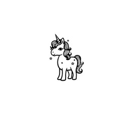 Cute cartoon unicorn. Black and white vector illustration