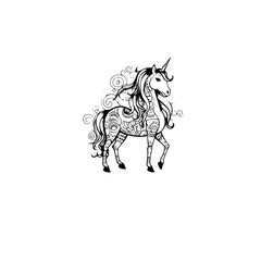 Cute cartoon unicorn. Black and white vector illustration