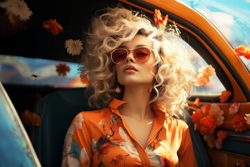 a girl with sunglasses in the style of vintage poster design, classic american cars, barbie style © Erkan Eren