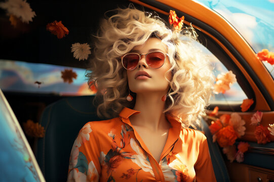 Fototapeta a girl with sunglasses in the style of vintage poster design, classic american cars, barbie style