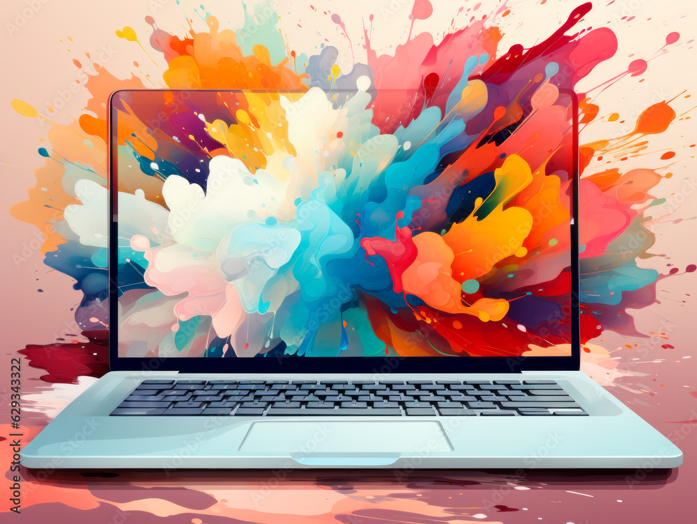 Poster laptop with colorful paint splashes on abstract background. generative ai