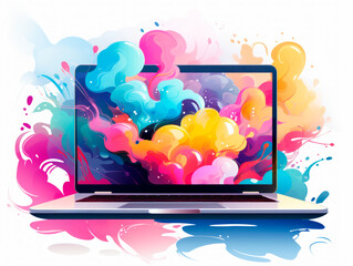 Laptop with colorful watercolor paint splashes. Generative AI
