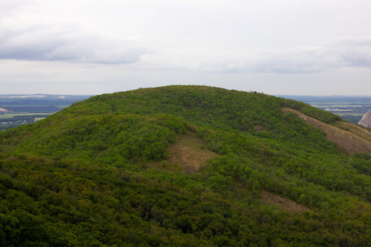 The green top of a low mountain, overgrown with forest. Mixed tree species. Summer, Bashkiria, Russia