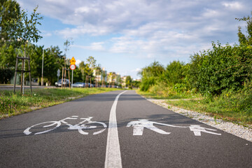 Droga rowerowa i chodnik o letniej porze w obszarach podmiejskich zachodniej Polski w tle błękitne pochmurne niebo - obrazy, fototapety, plakaty