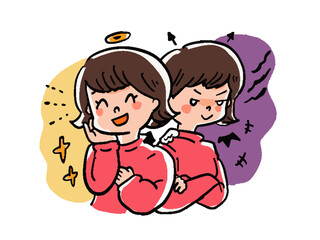 二面性　二重人格　女性の手描き風デフォルメイラスト