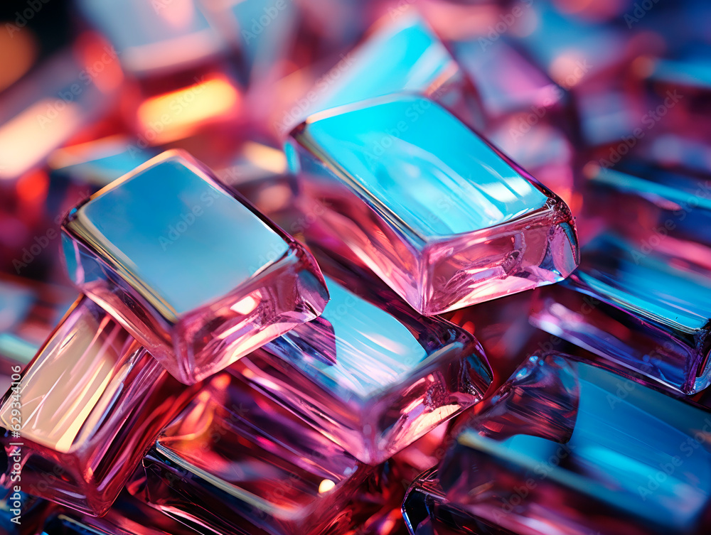 Poster abstract background with ice cubes in blue and pink light. generative ai