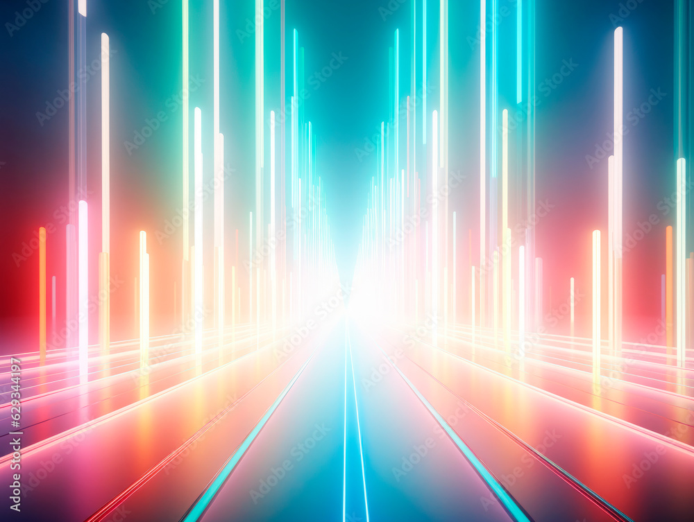 Poster abstract background with neon lights and road. Generative AI