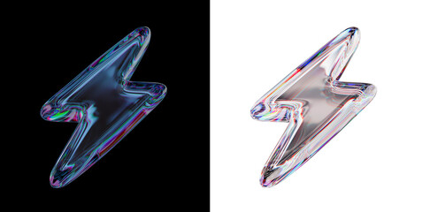 Thunder flash symbol made of dispersion chromatic glass isolated over black white background.