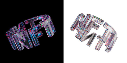 NFT symbol made of dispersion chromatic glass isolated over black white background.