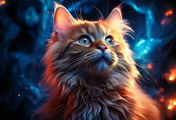 the cat is jumping in a dark background