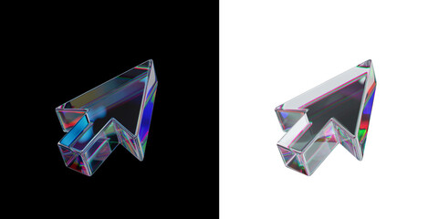 Computer point arrow made of dispersion chromatic glass isolated over black white background.