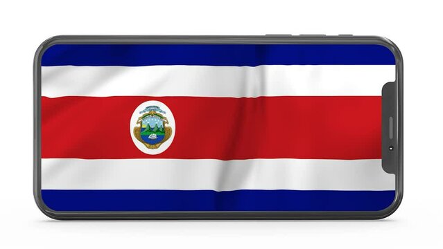 Waving flag of Costa Rica on a mobile phone screen. 3d animation in 4k resolution video.