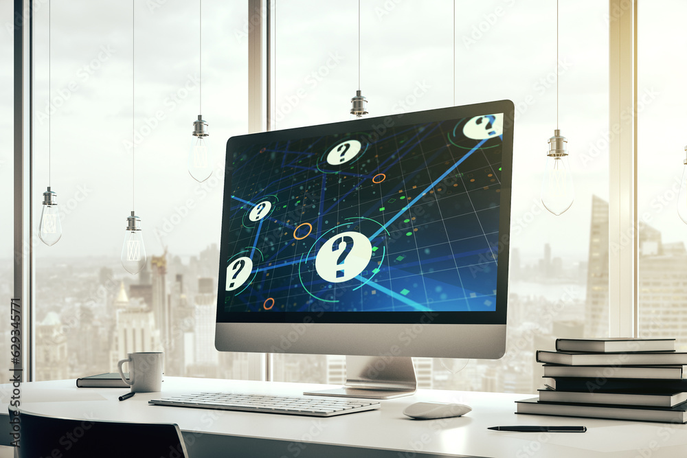 Aufkleber creative abstract question mark sketch on modern laptop monitor, faq and research concept. 3d render