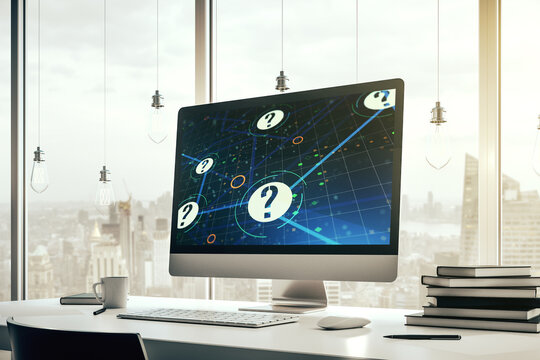 Creative abstract question mark sketch on modern laptop monitor, FAQ and research concept. 3D Rendering