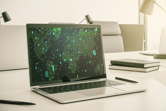 Modern computer display with abstract programming language hologram and world map, artificial intelligence and neural networks concept. 3D Rendering