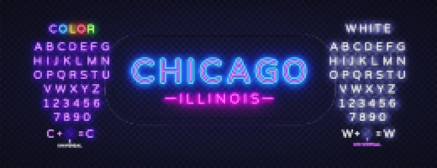 Blue chicago neon in vintage style on light background. Poster design element. Typography design. Creative banner, label vector. Editing text neon sign. Vector graphic illustration