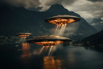 Fototapeta na wymiar Three extraterrestrial spacecraft, UFOs, or alien ships flying over a lake amidst mountains at night