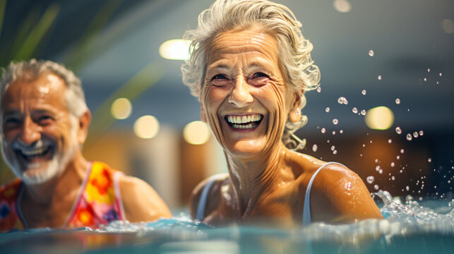 elderly couple doing water aerobics together