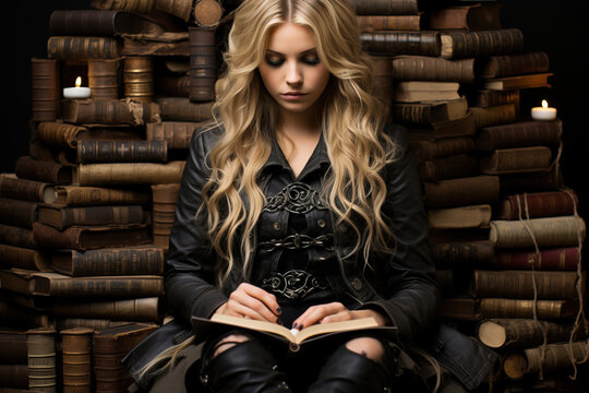 A young blonde woman in gothic-style leather clothing reads a book by candlelight in front of a wall of books on a black background - Powered by Adobe