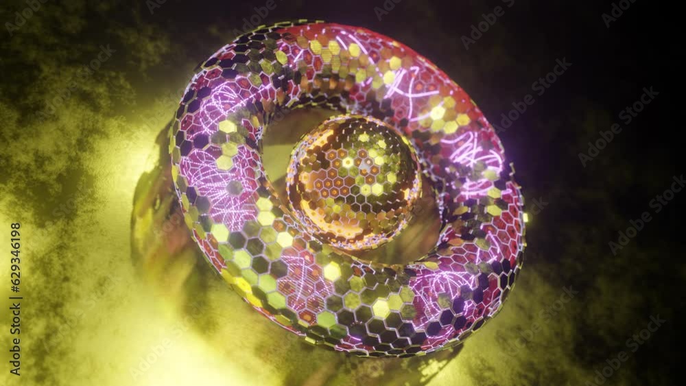 Poster loop 3d animation. abstract geometric figure of a set of hexagons. a torus of metal segments and a s
