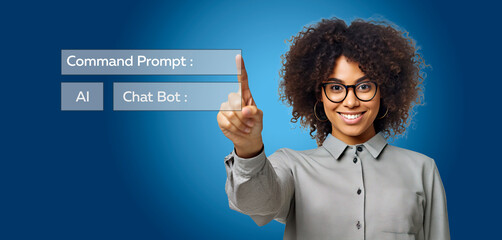 African American woman web slider concept. Ai tech, businesswoman show virtual graphic Global Internet connect Chat with AI, Artificial Intelligence. Genertaive AI