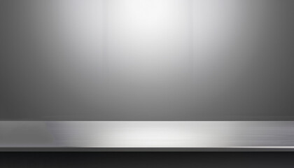 Silver steel countertop, empty shelf. Kitchen counter on gray background with spot light. Bar desk...