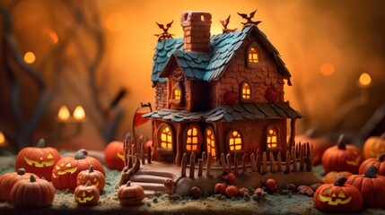 Fototapeta na wymiar chocolate gingerbread house decorated with chocolate icing and orange marzipan pumpkins around the house. happy halloween. 