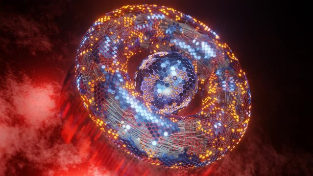 Loop 3d animation. Abstract geometric figure of a set of hexagons. A torus of metal segments and a spherical core in the center. Futuristic composition for abstract background screensavers.