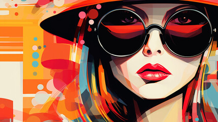young woman in a hat and glasses on an abstract red-orange background, illustration. Generative Ai. 