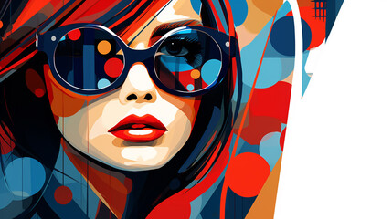 young woman with glasses On a bright abstract background, illustration. Generative Ai. 