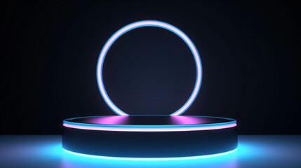 black stylish podium with blue neon lighting for the presentation of cosmetics and jewelry. Generative Ai. 