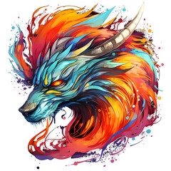 Dragon face watercolor colorful vector illustration, Digital hand drawn Artistic, abstract portrait artwork for clothing design