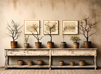 a white wall with plant and framed pictures