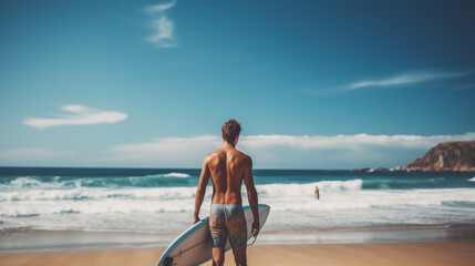 Obraz na płótnie Canvas male surfer on the beach sunny day. Generative Ai. 