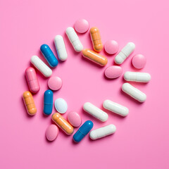 pills and capsules on pink background top view. Generative Ai. 
