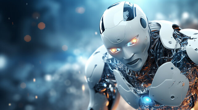 artificial intelligence robot on abstract blue background. Generative Ai. 