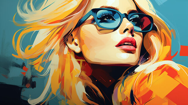 beautiful young blonde woman in glasses on a blue background, colorful illustration. Generative Ai. 