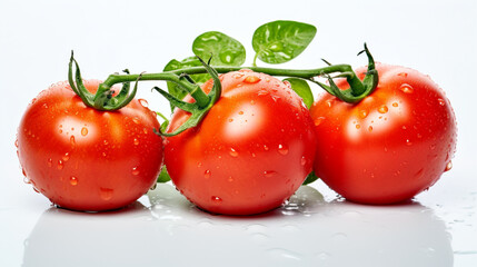 red tomatoes with a green branch on a white background with water drops. Generative Ai. 