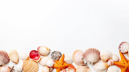 starfish and shells on a white background with empty space to insert. Generative Ai. 