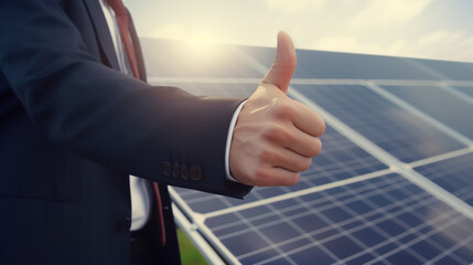 businessman showing thumbs up after checking quality of solar panels. Generative Ai. 