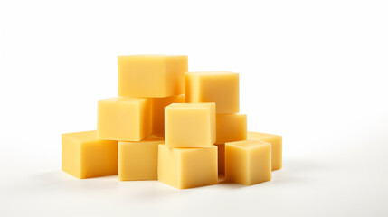 small cubes of cheese on a white background. Generative Ai. 