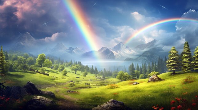 beautiful landscape with a green field lit by the sun with a rainbow and mountains in the background. Generative Ai. 