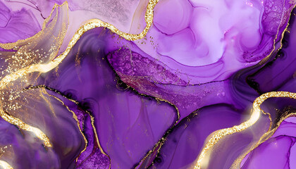 Luxury purple and gold stone marble texture. Alcohol ink technique abstract background. Modern paint with glitter. Template for banner, poster design. Fluid art painting - obrazy, fototapety, plakaty