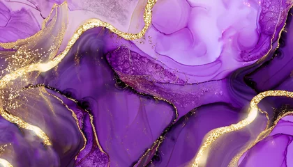 Fotobehang Luxury purple and gold stone marble texture. Alcohol ink technique abstract background. Modern paint with glitter. Template for banner, poster design. Fluid art painting © Uuganbayar